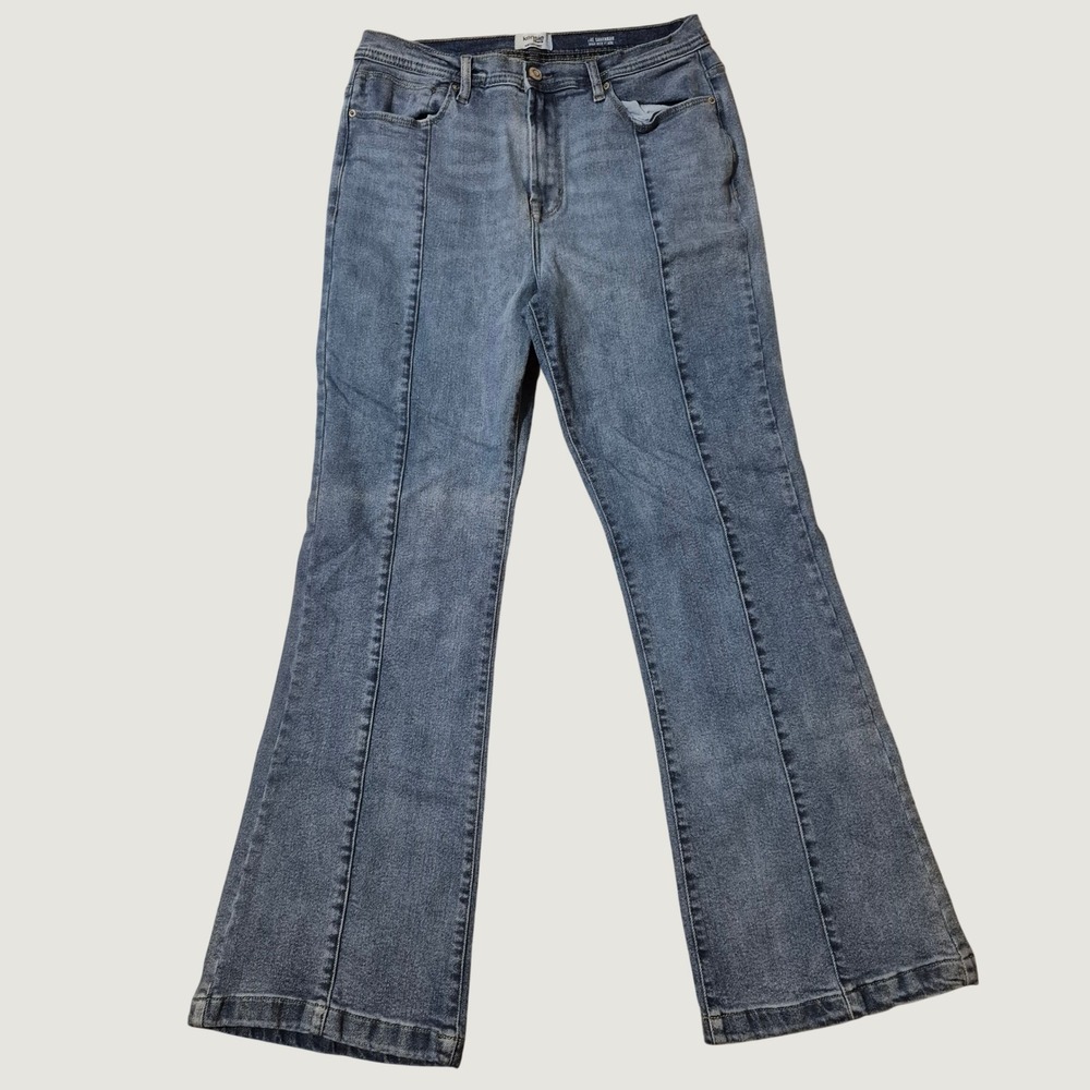 Kensie Savannah Jeans High Rise Flare 12/31 Front Seam Denim Blue Stretch